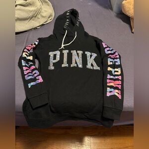 PINK Victoria's Secret Black Hoodie with Multicolor Accents